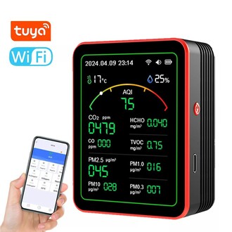 AEK-Tech 15'li AQI,TEMP,HUMI,CO2,HCHO,CO,TVOC,PM2.5,PM10,PM1.0,PM0.3 Dedektör Taşınabilir Ev Ofis Hava Kalitesi Ölçüm Cihazı - Thumbnail