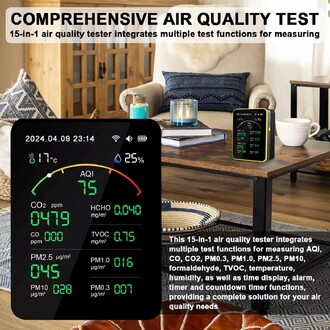 AEK-Tech 15'li AQI,TEMP,HUMI,CO2,HCHO,CO,TVOC,PM2.5,PM10,PM1.0,PM0.3 Dedektör Taşınabilir Ev Ofis Hava Kalitesi Ölçüm Cihazı - Thumbnail