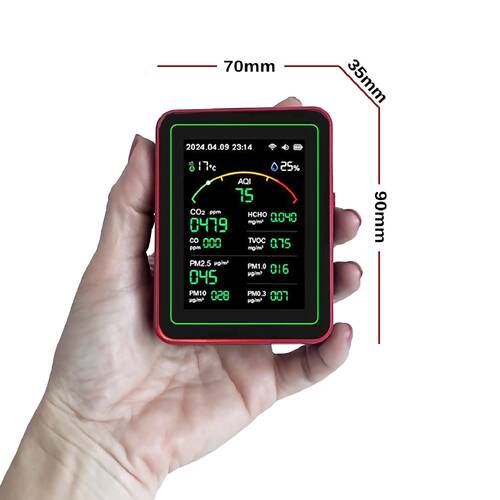 AEK-Tech 15'li AQI,TEMP,HUMI,CO2,HCHO,CO,TVOC,PM2.5,PM10,PM1.0,PM0.3 Dedektör Taşınabilir Ev Ofis Hava Kalitesi Ölçüm Cihazı