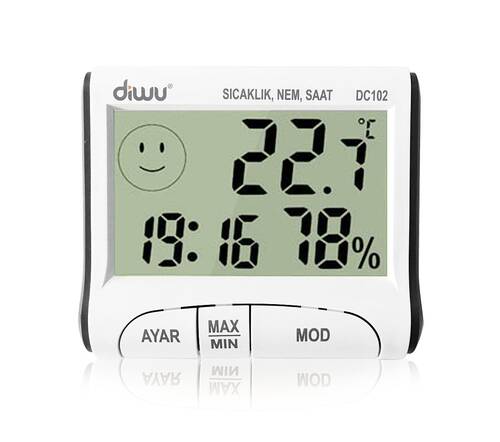 Diwu DC102 In-Out Thermometer Moisture Meter with Clock