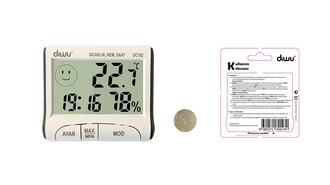 Diwu DC102 In-Out Thermometer Moisture Meter with Clock - Thumbnail