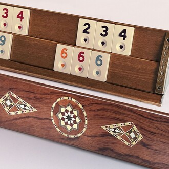 Helena Wood Art - Kardelen Handmade Massive Wooden Rummikub Set Mosaic Inlaid Rosewood - Rummy Cube Set - Okey Game Set - Tile Rummy