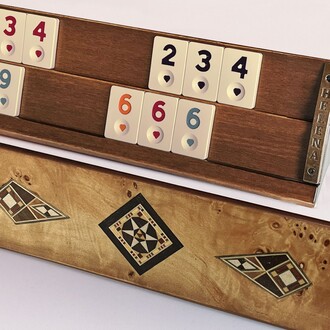 Helena Wood Art - Kardelen Handmade Massive Wooden Rummikub Set Mosaic Inlaid Mazel, Okey Game, Rummy Cube Set, Tile Rummy