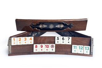 Helena Wood Art - Handmade Elliptic Massive Wood Mosaic Inlaid Natural Black Veneer Rummikub Set, Rummy Cube Set, Okey Game Set