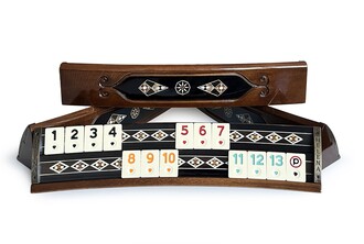 Helena Wood Art - Handmade Elliptic Massive Wood Mosaic Inlaid Natural Black Veneer Rummikub Set, Rummy Cube Set, Okey Game Set, Tile Rummy