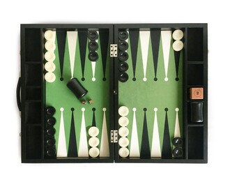 Helena Wood Art - Tournament Size Backgammon Set Green Fabric Ground Leather Case 22x29 inch (57x75cm)