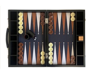 Helena Wood Art - Tournament Size Backgammon Set Black and Tan Fabric Ground Leather Case with Wooden Doubling Cube 22x29 inch (57x75cm)