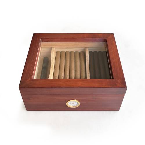 Mezmob Masif Yerli Sedir Ağacı Humidor Puro Kutusu Camlı 2 Bölmeli Analog