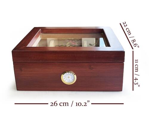 Mezmob Masif Yerli Sedir Ağacı Humidor Puro Kutusu Camlı 2 Bölmeli Analog