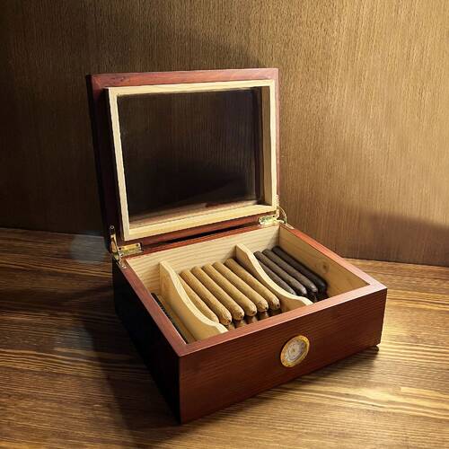 Mezmob Masif Yerli Sedir Ağacı Humidor Puro Kutusu Camlı 2 Bölmeli Analog