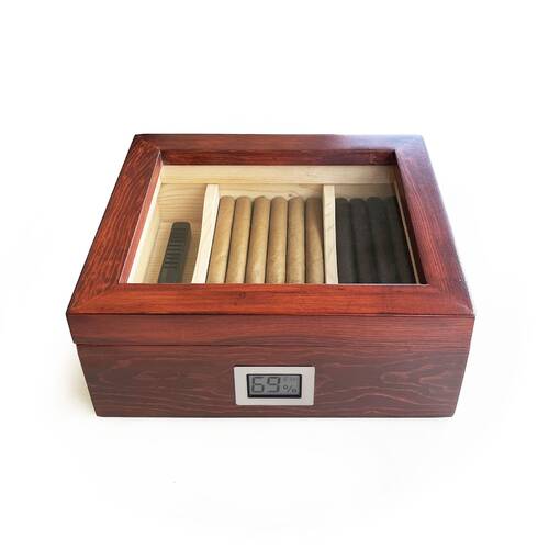 Mezmob Masif Yerli Sedir Ağacı Humidor Puro Kutusu Camlı 2 Bölmeli Dijital