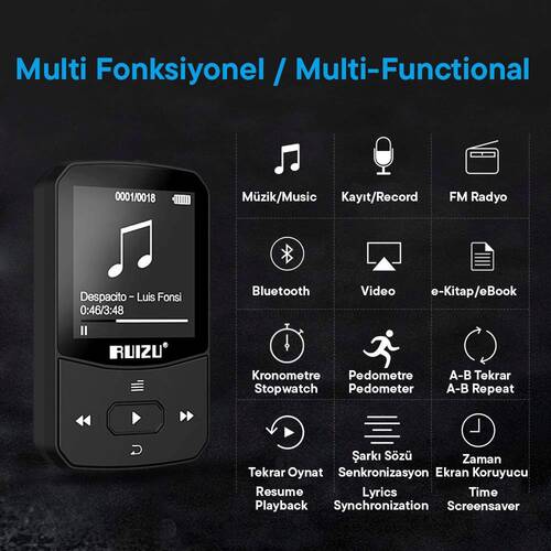 Ruizu X52 MP3 Çalar Bluetooth 5.0 8GB FM Radyo Pedometre Saat