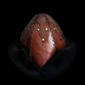 Shark Anatolia - Shark Anatolia Ertugrul Gazi Genuine Leather Cutout Pattern Studded Börk Hat Red Brown 59 cm