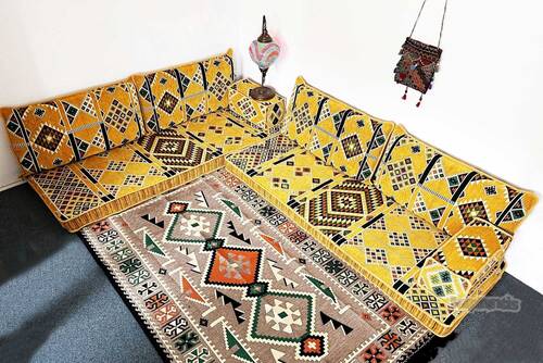 Shark Anatolia Kilim Desenli Şark Köşesi İkili Sedir Takımı Hardal