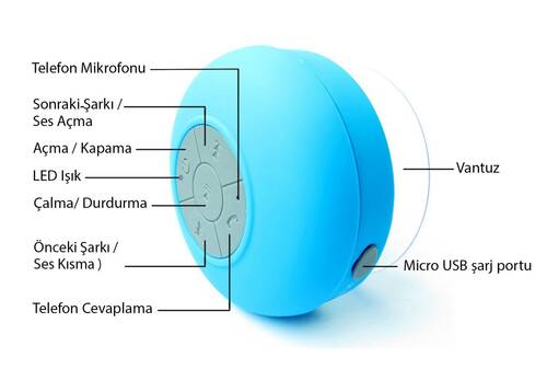 Su Geçirmez Mini Bluetooth Duş Hoparlörü (Mavi)
