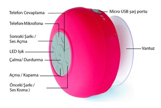 Su Geçirmez Mini Bluetooth Duş Hoparlörü (Pembe) - Thumbnail