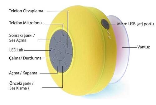 Su Geçirmez Mini Bluetooth Duş Hoparlörü (Sarı)