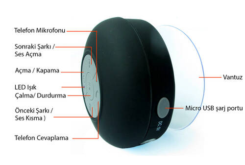 Su Geçirmez Mini Bluetooth Duş Hoparlörü (Siyah)